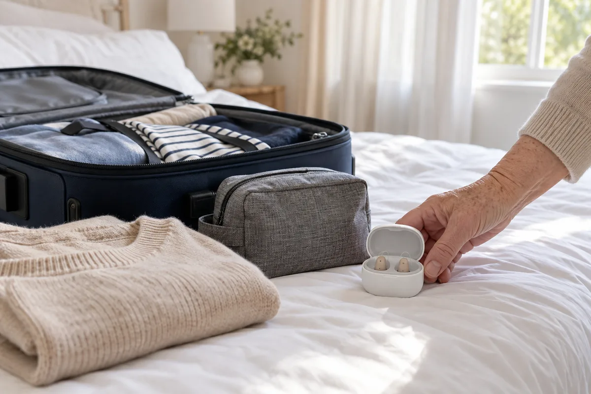 Valise ouverte sur un lit avec deux minuscules appareils auditifs beiges et leur chargeur blanc