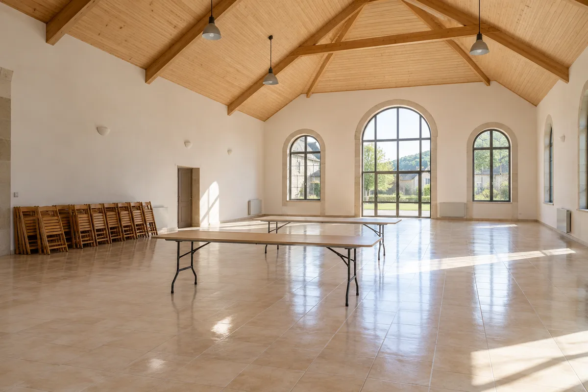 Salle des fêtes vide au haut plafond et au sol carrelé, chaises pliantes rangées contre les murs