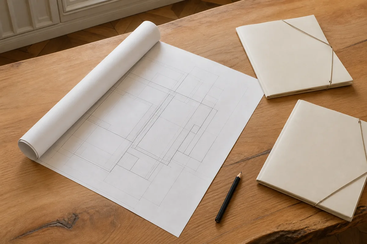Plans de maison et documents de financement immobilier étalés sur une table en bois