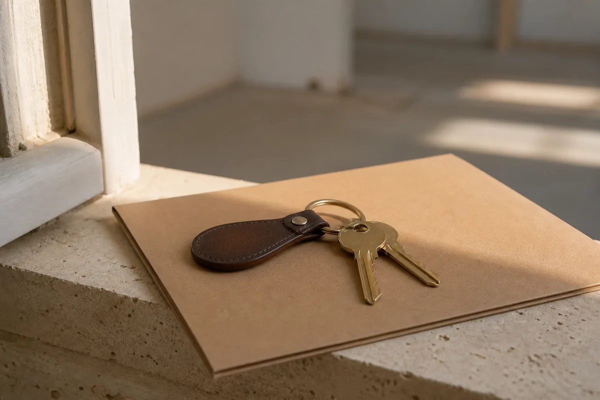 Trousseau de clés de logement neuf posé sur une chemise cartonnée fermée