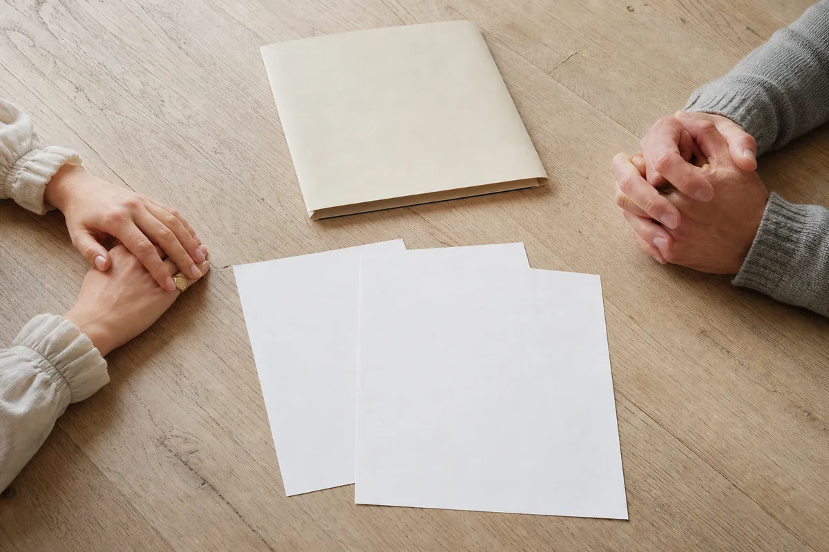 Mains posées autour de documents étalés sur une table de cuisine en bois