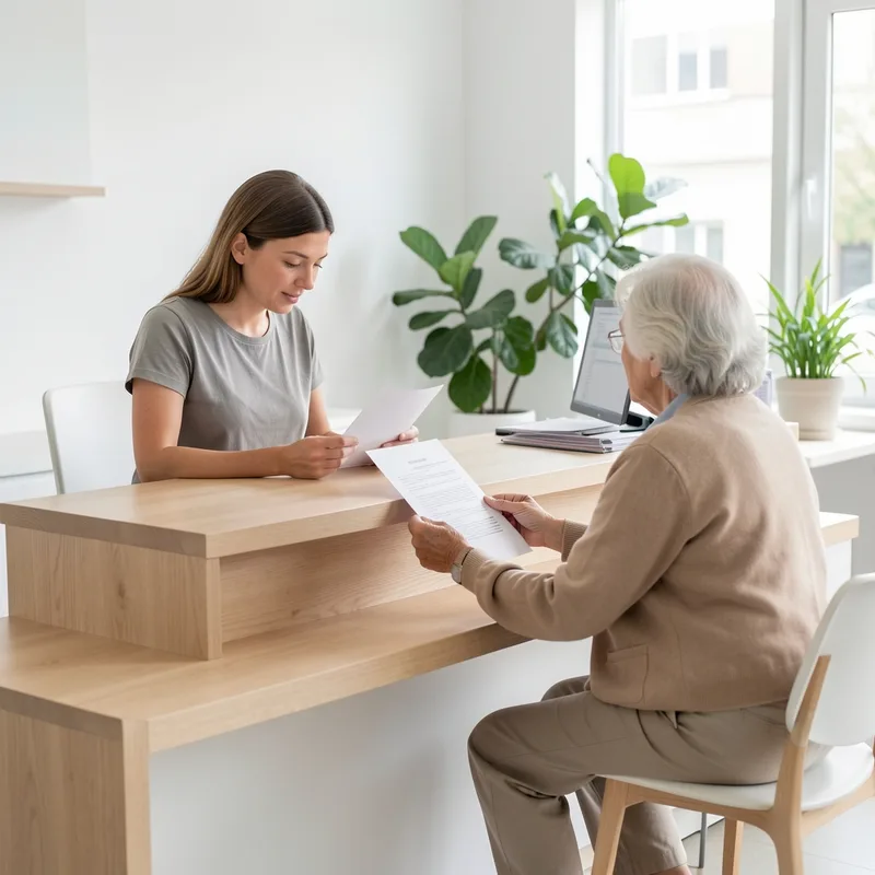 Guichet d’accueil d’une caisse d’assurance maladie avec un conseiller recevant une personne âgée