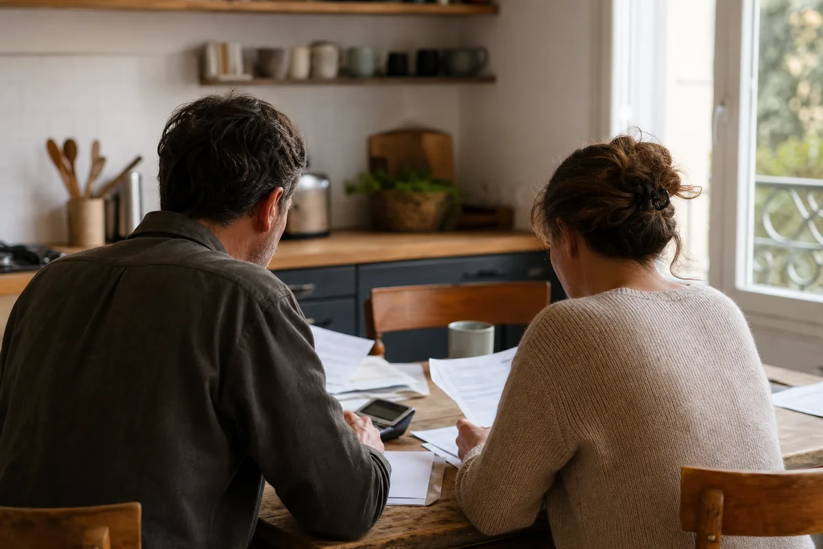 Couple examinant un tableau de garanties de complémentaire santé sur une table de cuisine