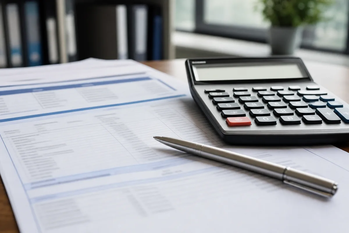 Bulletin de paie et calculatrice posés sur un bureau de cabinet comptable