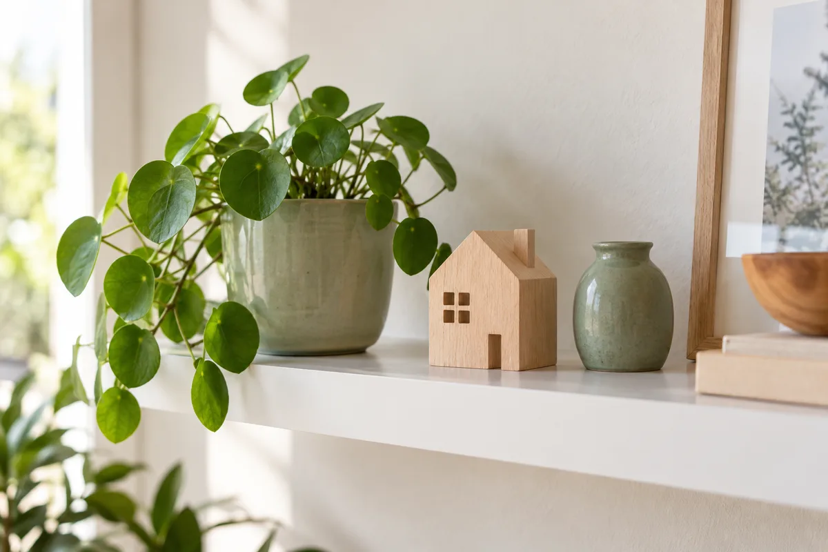 Maquette de maison en bois clair posée près d’un pot en céramique, symbole de l’épargne logement