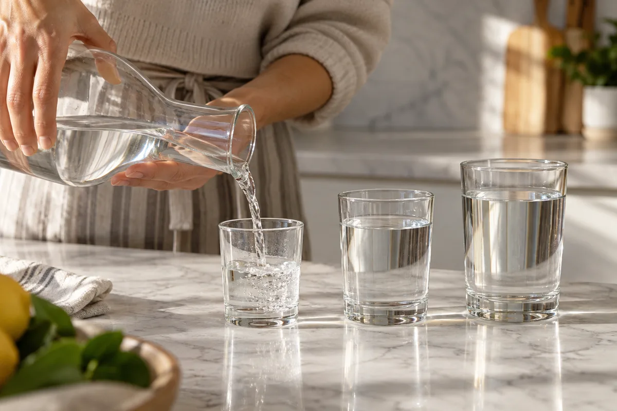 Mains versant l’eau d’une carafe dans trois verres de tailles différentes, remplis l’un après l’autre