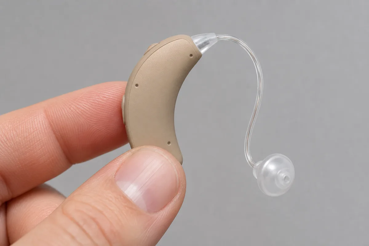Gros plan sur une aide auditive contour d&rsquo;oreille tenue entre deux doigts