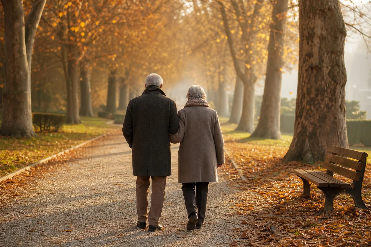 Couple de seniors marchant de dos dans un parc en automne