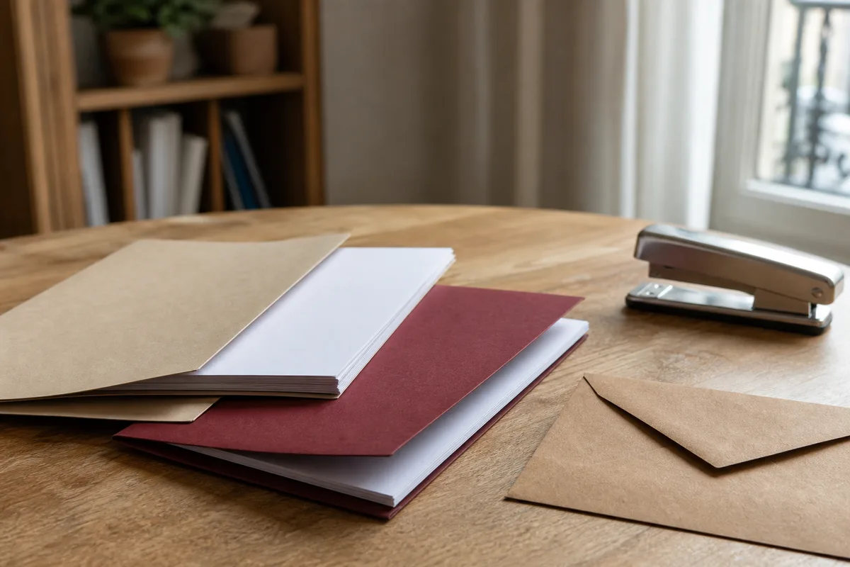 Enveloppe de résiliation de complémentaire santé et documents posés sur une table en bois clair