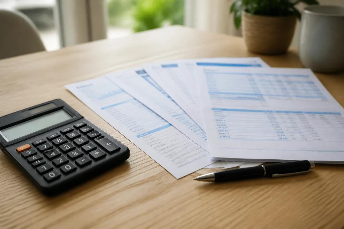 Calculatrice, relevés bancaires et stylo posés sur une table en bois clair
