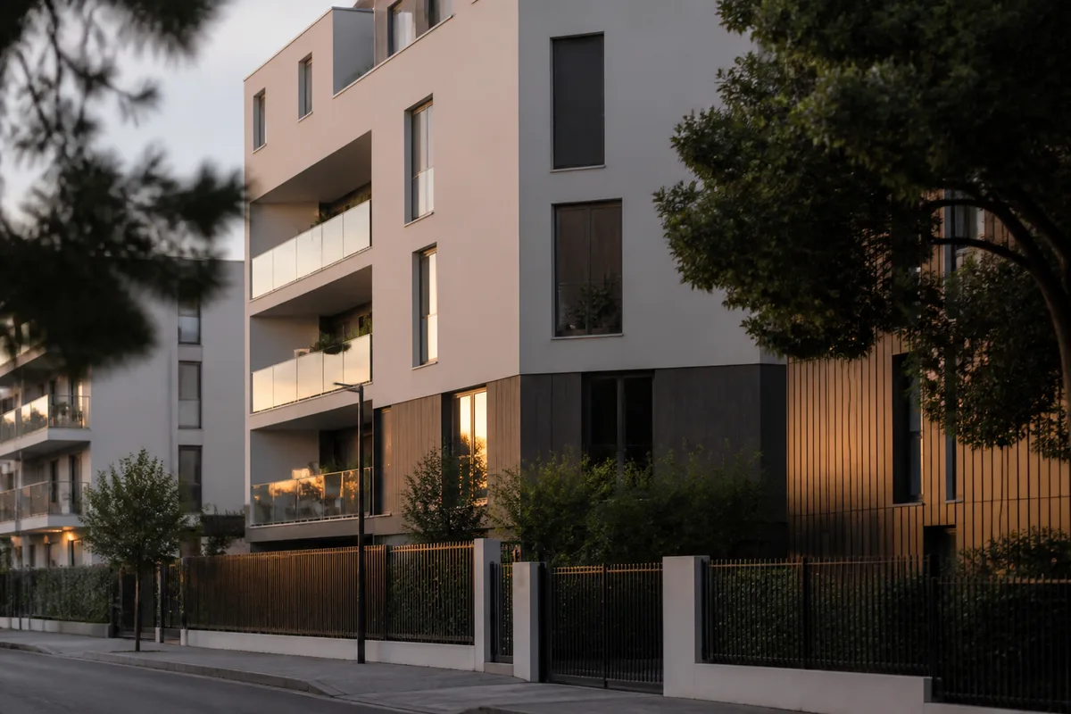 Immeuble d&rsquo;habitation moderne photographié depuis la rue en fin de journée