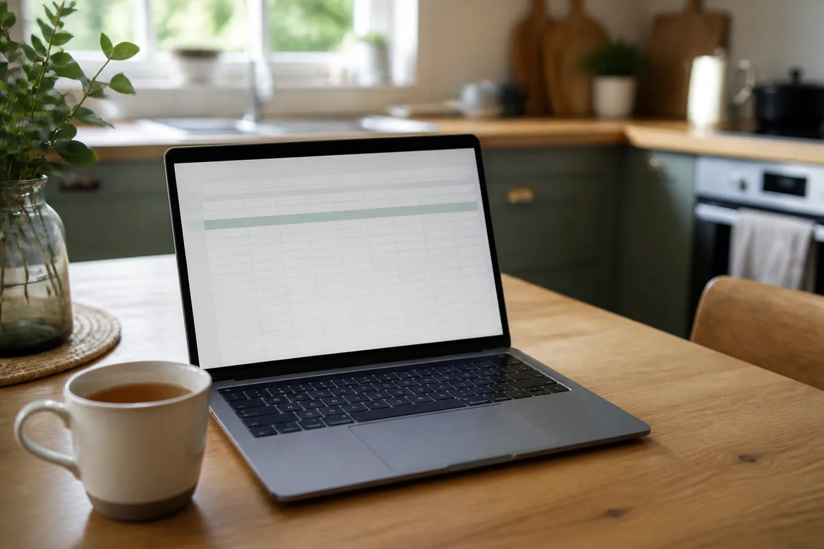 Table de cuisine avec un ordinateur portable ouvert sur un tableur et une tasse de thé
